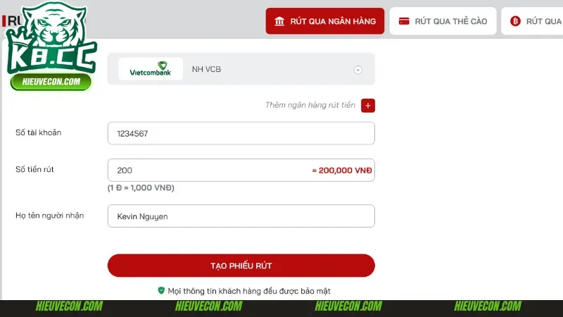 Điền đầy đủ các thông tin khi rút tiền K8cc